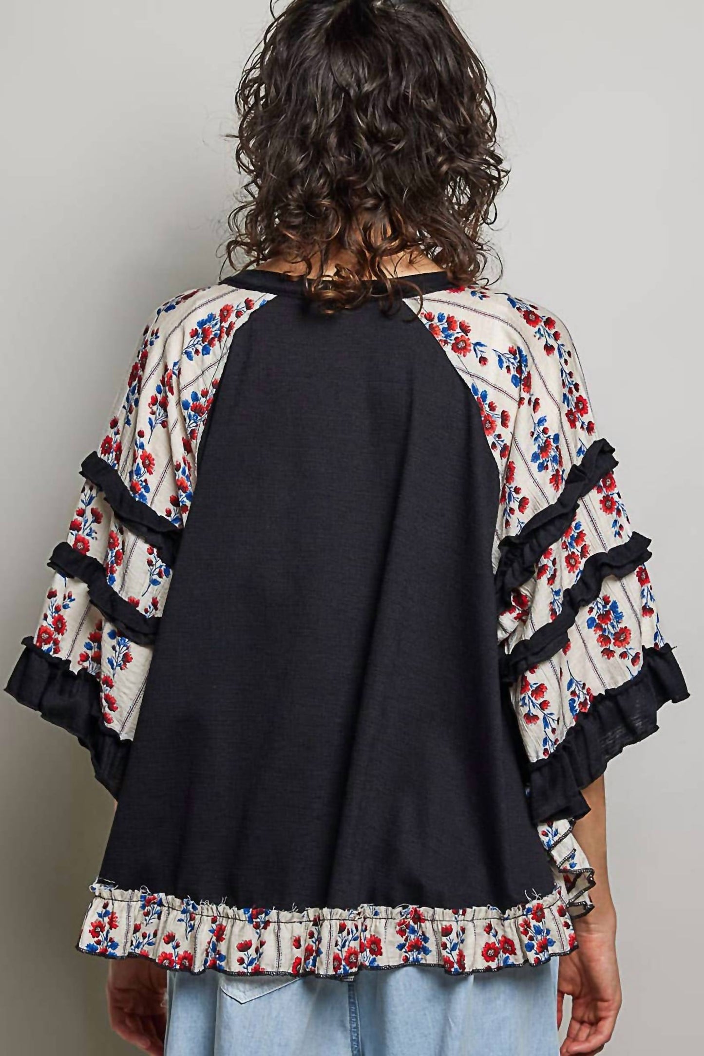 Pol - Boho Mixed Print Floral Sleeve Lace Panel Top