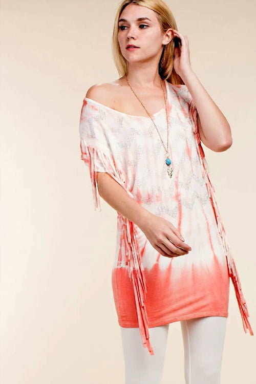 Vocal Apparel - Boho Fringe Tie Dye Top With Rhinestone Chevron
