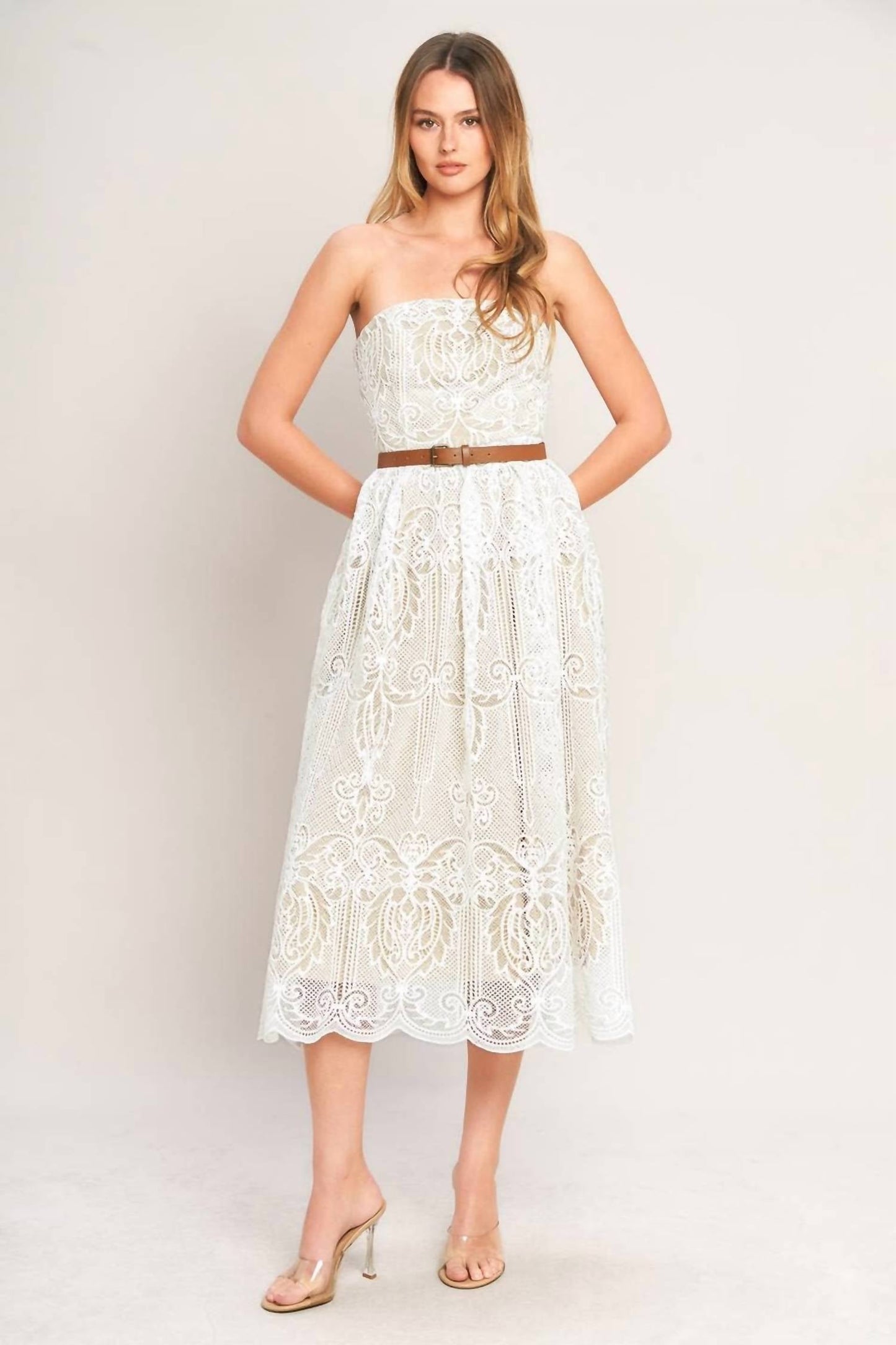 Flying Tomato - Strapless Lace Midi Dress With Belt