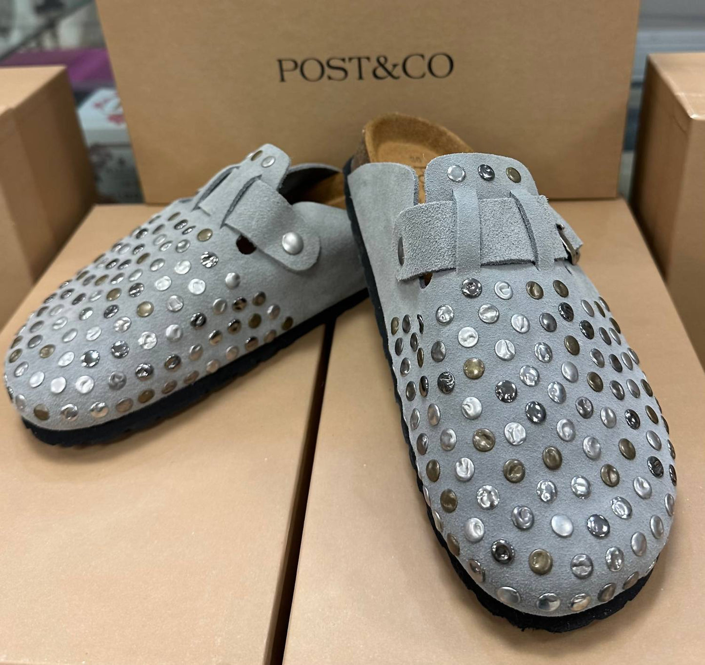Post & Co. - Women's Studded Suede Clogs