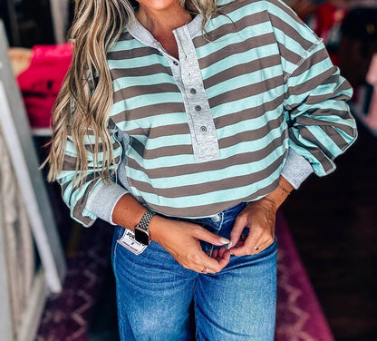 Very J - Oversized Striped Half Button Down Top