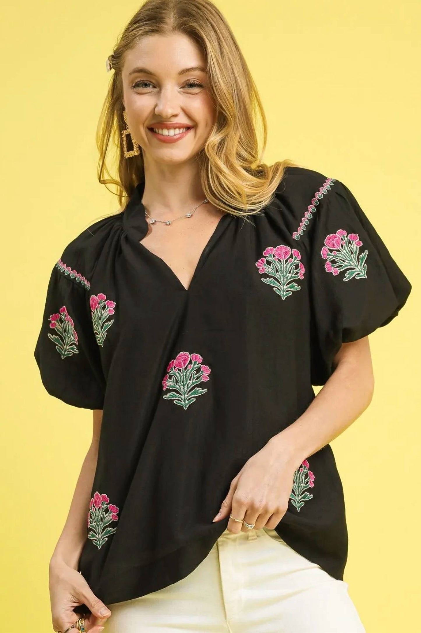 Umgee - Embroidered Floral Puff Sleeve Blouse