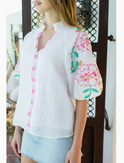 Thml - Embroidered Puff Sleeve Textured Top