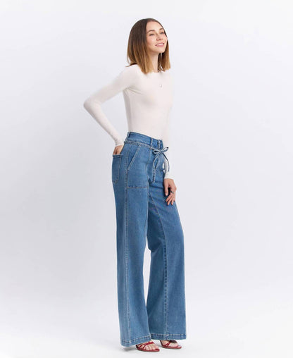 Vervet By Flying Monkey - Super High Rise Tie Waistband Wide Leg Jeans
