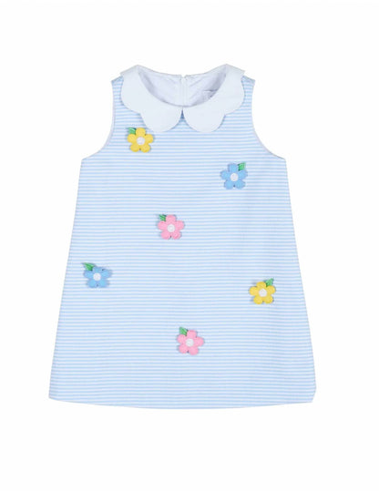 Florence Eiseman - Kid's Stripe Birdseye Pique Dress With Petal Collar And Flowers