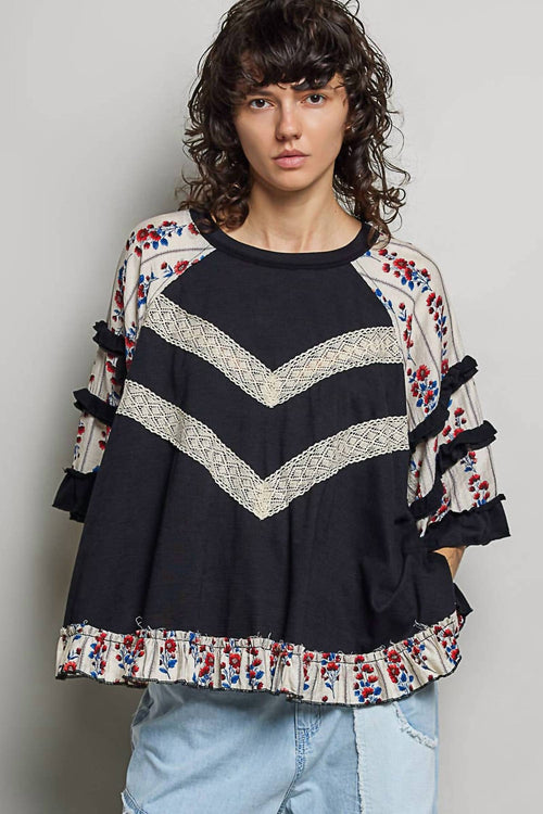 Pol - Boho Mixed Print Floral Sleeve Lace Panel Top