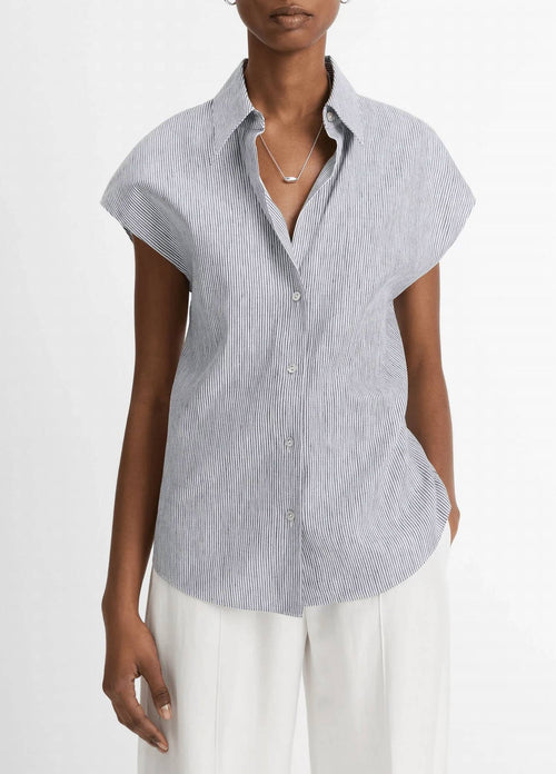 Vince - Ticking Stripe Linen-cotton Cap Sleeve Blouse