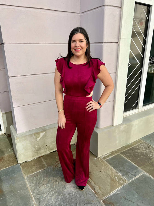 Flying Tomato - Ruffle Trim Faux Suede Wide Leg Jumpsuit