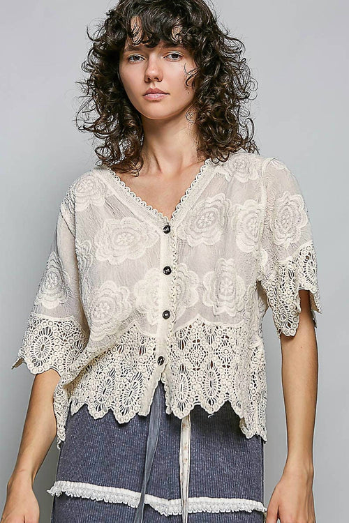 Pol - Crochet Trim Neckline Short Sleeve Top