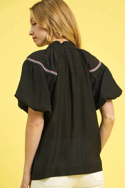 Umgee - Embroidered Floral Puff Sleeve Blouse