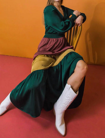 Flying Tomato - Solid Satin Color Blocked Maxi Dress