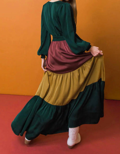 Flying Tomato - Solid Satin Color Blocked Maxi Dress