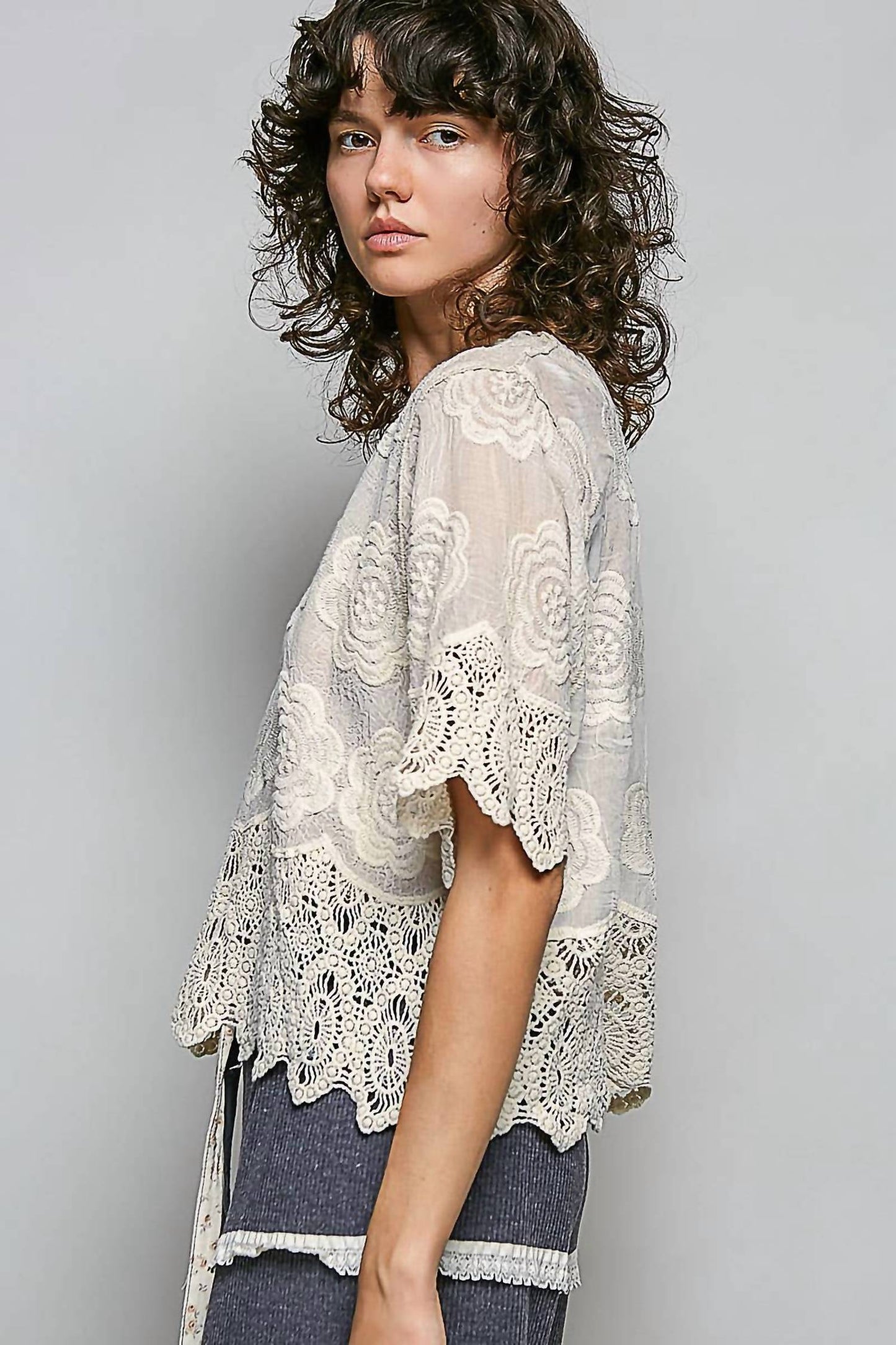 Pol - Crochet Trim Neckline Short Sleeve Top