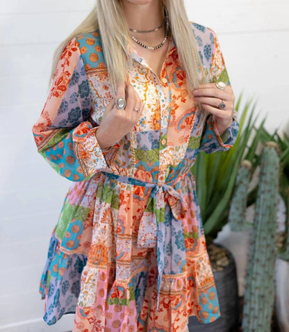 Sweet Generis - Boho Floral Patchwork Chiffon Western Mini Shirt Dress
