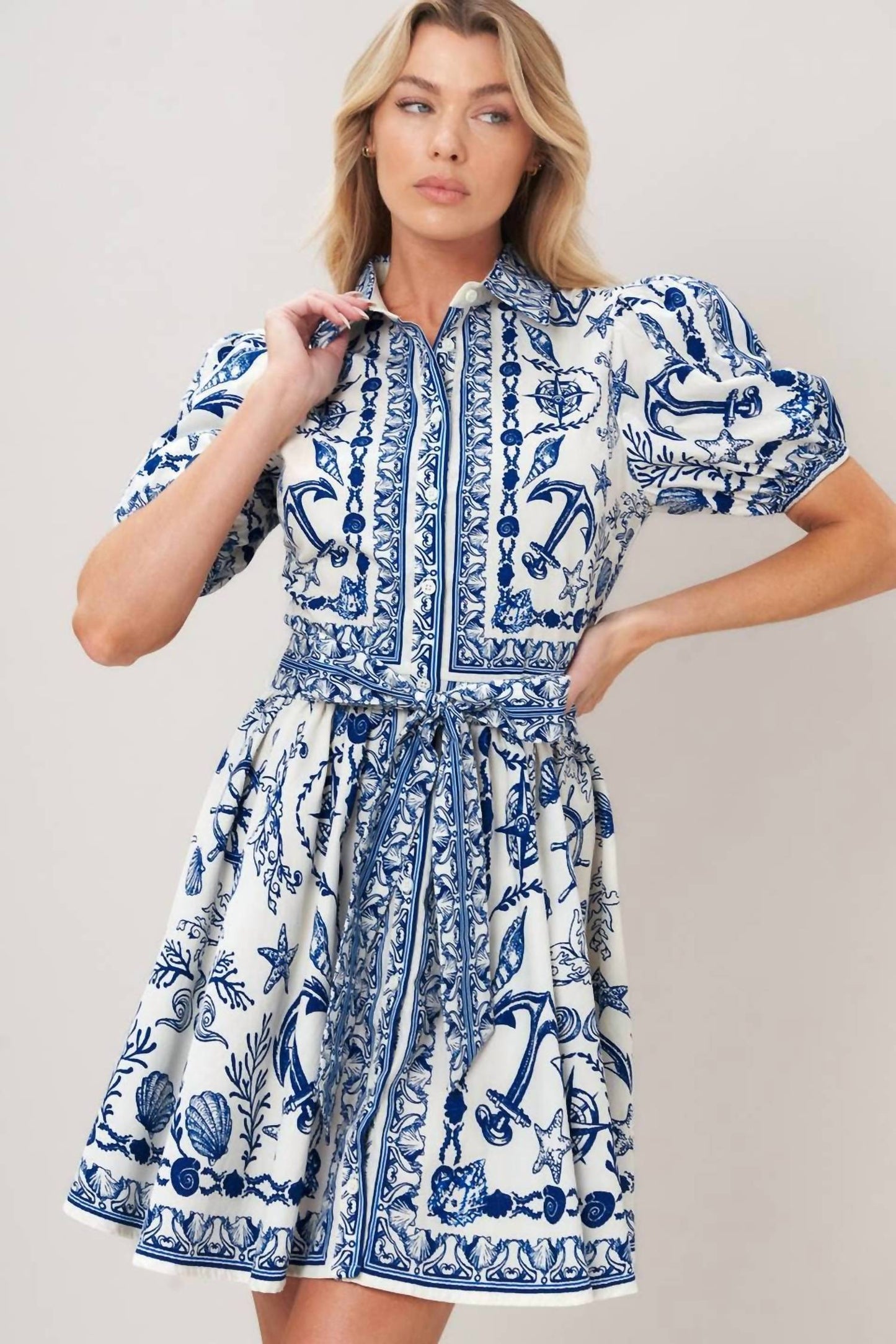 Peace Love Line - PRINTED WOVEN BUTTON DOWN MINI DRESS