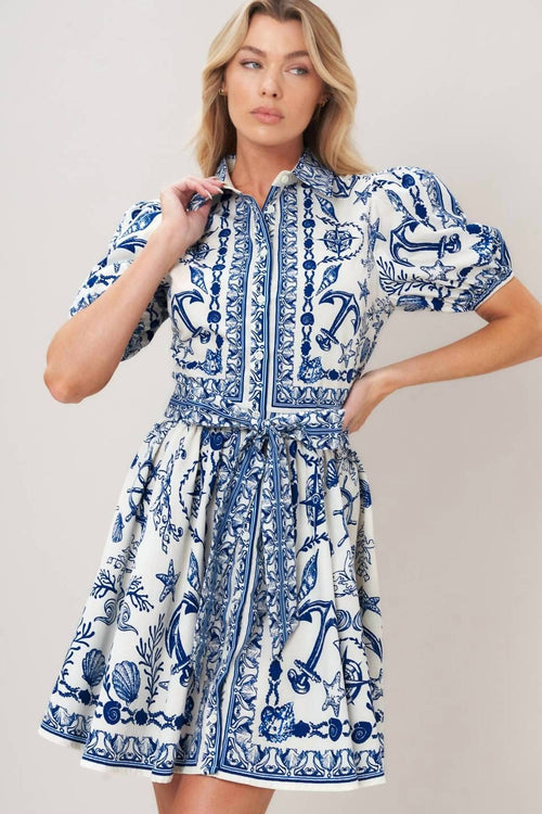 Peace Love Line - PRINTED WOVEN BUTTON DOWN MINI DRESS