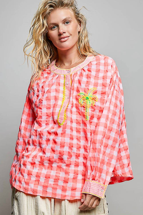 Pol - Graphic Palm Tree Embroidery Paid Blouse Top