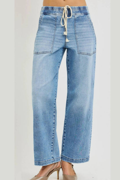 Risen - Elastic Slouchy Cropped Baggy Patch Pockets Jeans