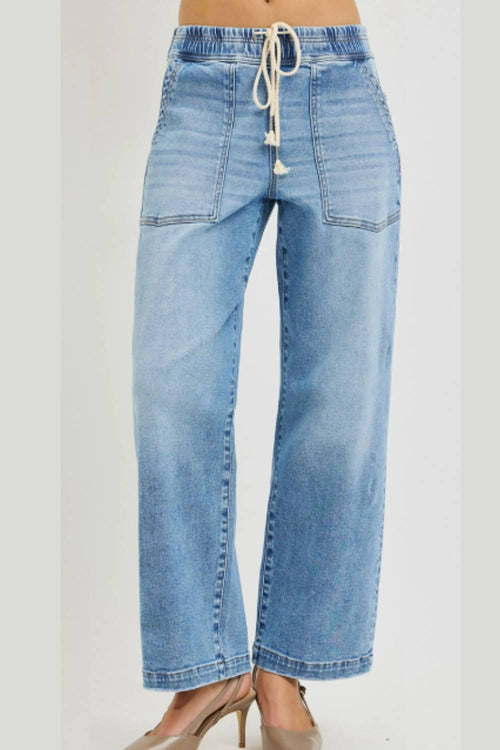 Risen - Elastic Slouchy Cropped Baggy Patch Pockets Jeans