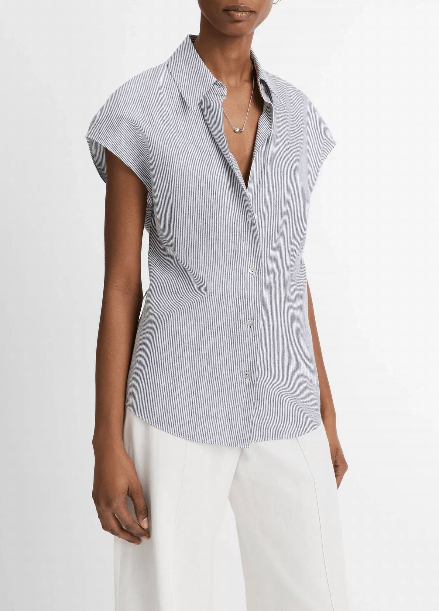 Vince - Ticking Stripe Linen-cotton Cap Sleeve Blouse