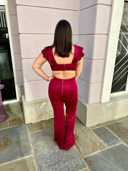 Flying Tomato - Ruffle Trim Faux Suede Wide Leg Jumpsuit