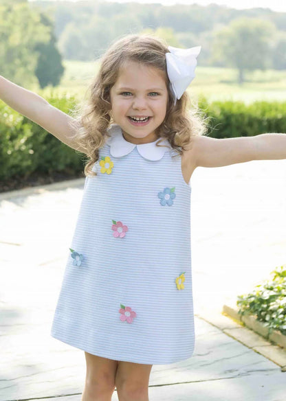Florence Eiseman - Kid's Stripe Birdseye Pique Dress With Petal Collar And Flowers